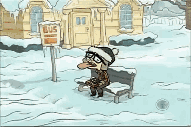 a cartoon character is sitting on a bench in front of a bus stop in the snow .