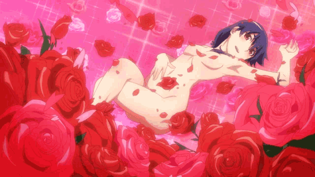 a naked anime character is laying in a bed of red roses
