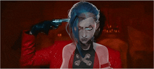 a woman with blue braided hair is holding a gun
