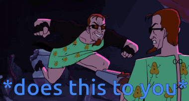 a cartoon of a man with the words " does this to you " behind him