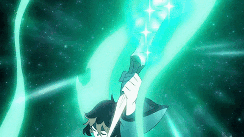 a person is holding a sword in their hand in front of a green background with stars .
