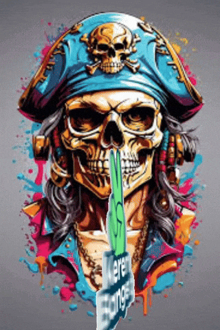 a colorful painting of a pirate skull with a sign in his mouth that says keren hangs