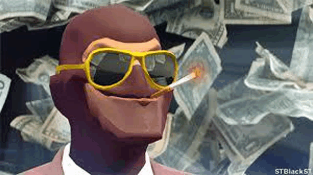 a cartoon character wearing sunglasses and smoking a cigarette in front of a pile of money .