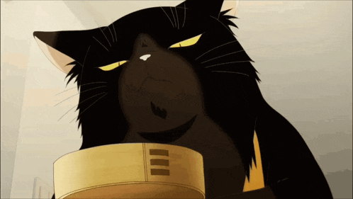 a black cat with yellow eyes is holding a round object