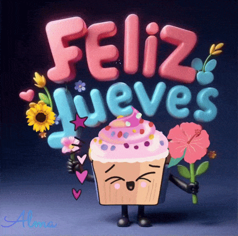a cupcake with arms and legs is holding flowers and the words feliz jueves