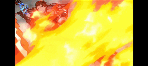 a person is holding a sword in their hand and surrounded by flames .