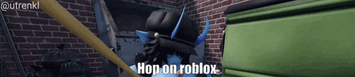 a cartoon character says hop on roblox while holding a baseball bat