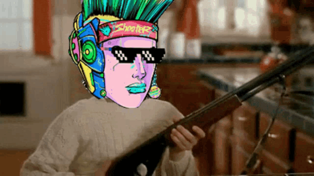 a person wearing sunglasses and a headband that says shooter on it