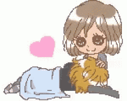 a pixel art illustration of a woman laying on the floor petting a dog .