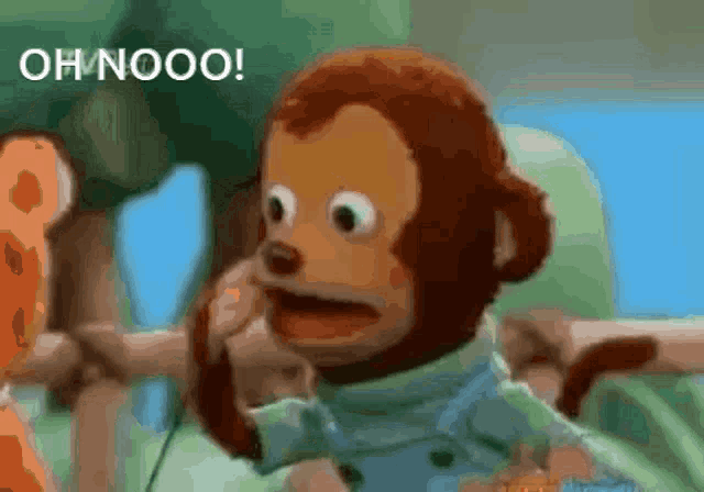 a stuffed monkey is talking on a phone with the words oh nooo written on the bottom