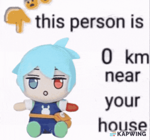 a stuffed animal with blue hair and red eyes is sitting next to a sign that says his person 41 km near you