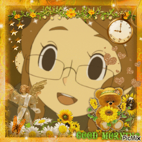 a picture of a girl with glasses is surrounded by flowers and a clock that says good mor picmix