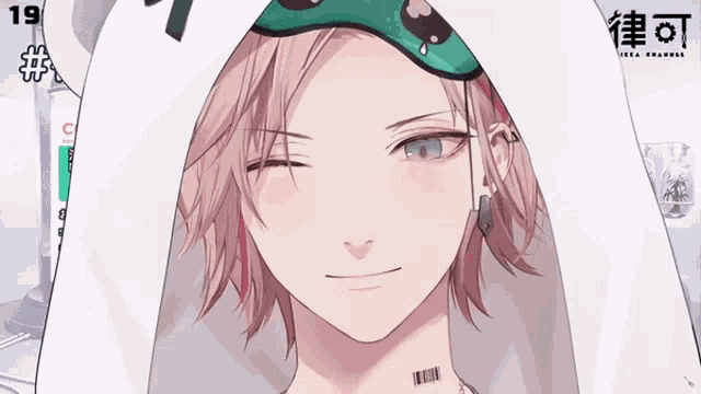 a girl with pink hair is wearing a white hoodie with the number 19 on it