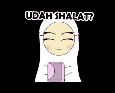 a cartoon of a woman wearing a white hijab with the words udah shalat written above her .