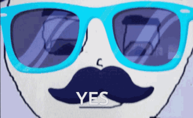 a person wearing sunglasses and a mustache that says yes
