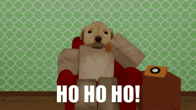 a dog is sitting in a chair with the words ho ho ho on it