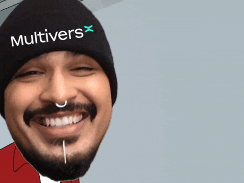 a man wearing a beanie that says multivers