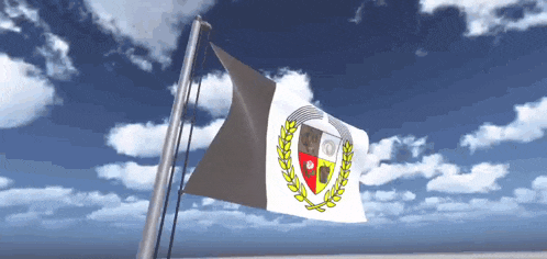 a flag with a shield and laurel wreath is flying in the wind