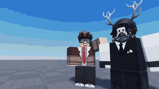 a roblox character wearing sunglasses and a tie is standing next to another character wearing antlers
