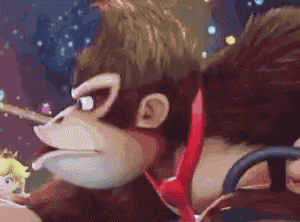 donkey kong is wearing a red tie and smoking a cigarette while riding a roller coaster .