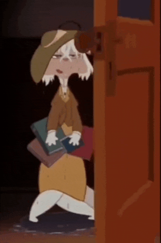 a cartoon character is standing in a doorway holding books and a hat .