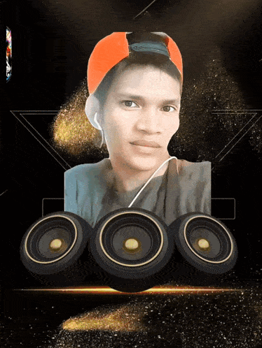 a man wearing an orange hat and ear buds is surrounded by three speakers