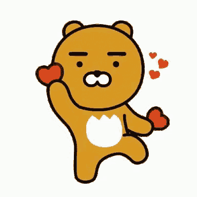 a cartoon bear is holding two red hearts in its hands .