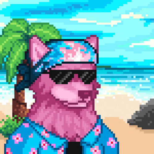a pixel art drawing of a dog wearing sunglasses and a bandana