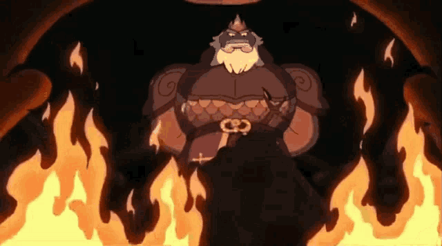 a cartoon of a man standing in front of a fire with the letter c on his chest