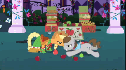 a couple of ponies are playing with apples in a cartoon scene