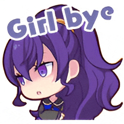 a cartoon girl with purple hair and the words girl bye