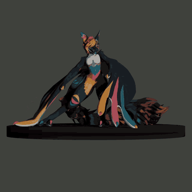 a colorful statue of a woman with wings on a dark background
