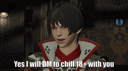 a video game character says " yes i will dm to chill 18+ with you "