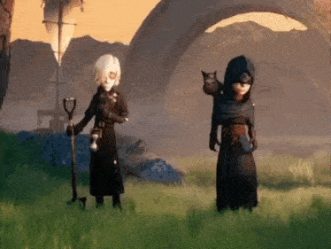 two cartoon characters are standing next to each other in a grassy field .