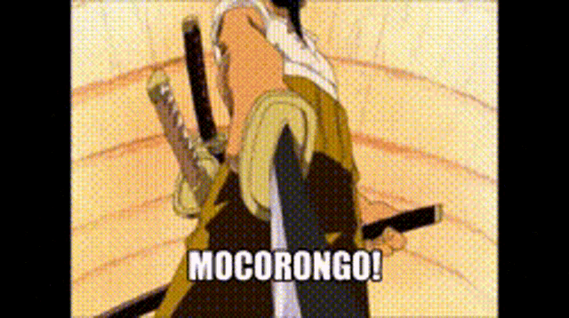 a cartoon of a man holding a sword with the words mocorongo written on it