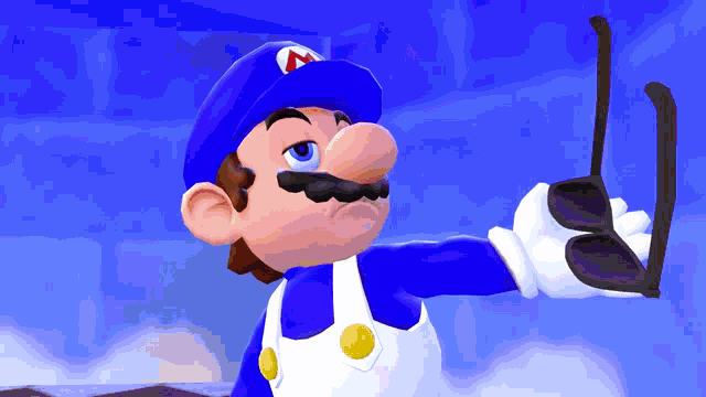 a cartoon character wearing a blue hat and holding sunglasses
