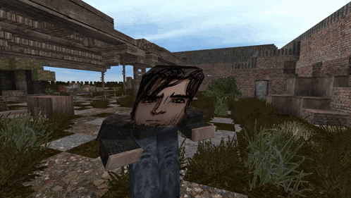 a video game character with a drawing of a man 's face on his head