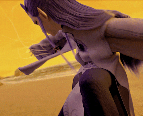 a cartoon character with purple hair is holding a sword