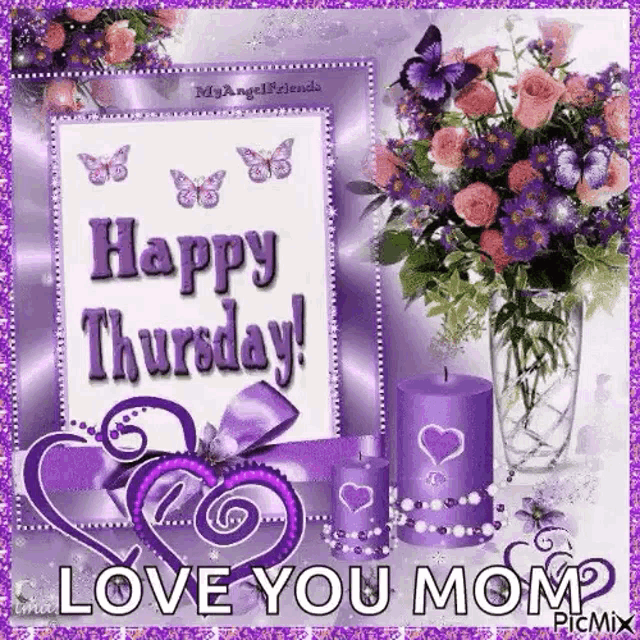 a happy thursday card with purple flowers and candles .