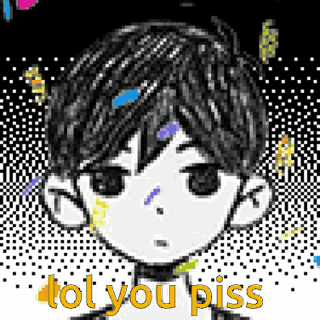 a black and white pixel art of a boy with the words `` tot you piss '' written on it .