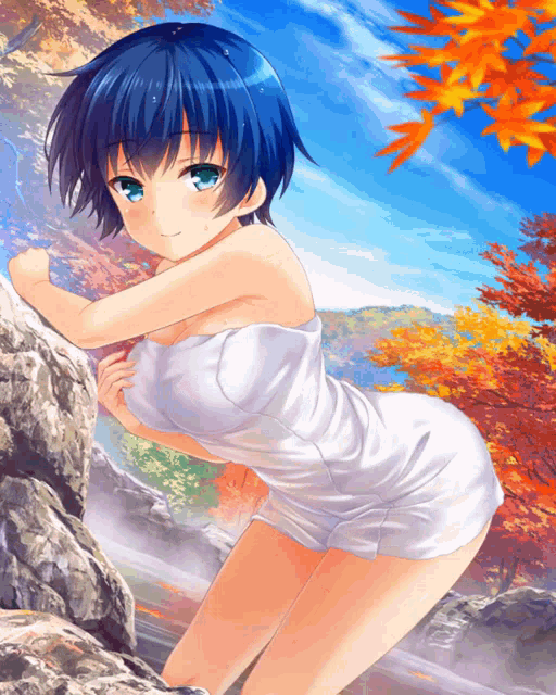 a girl with blue hair and a white towel around her waist