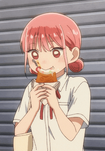 a girl with pink hair is eating a sandwich with the letter o on her face