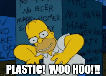 a cartoon of homer simpson says plastic woo hoo
