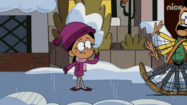 a cartoon of a girl standing in front of a sign that says nick on it
