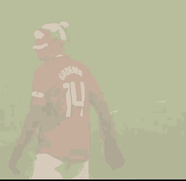 a blurred image of a soccer player wearing the number 14