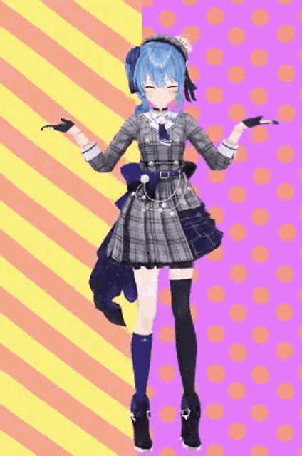 a girl in a plaid dress is standing in front of a colorful background with polka dots