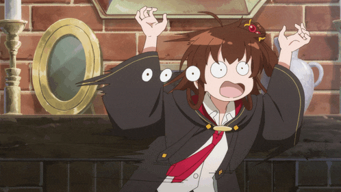 a girl with a bird on her shoulder is making a face