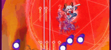 a cartoon character is flying through a red circle in a video game with a red background .