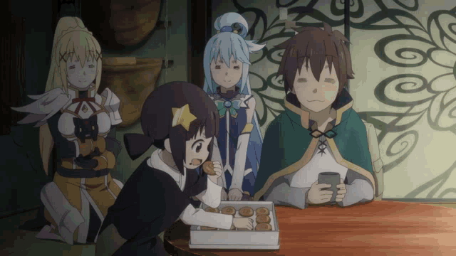 a group of anime characters sitting around a table with a box of donuts
