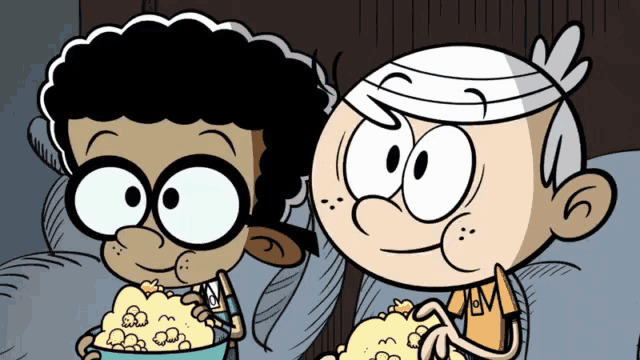 two cartoon characters are eating popcorn together and one of them has the letter m on his shirt